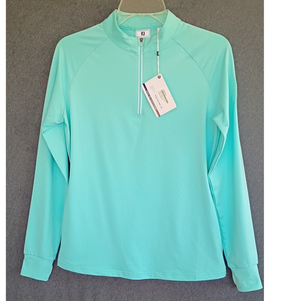 FootJoy FJ Women 1/4 Zip Golf Pullover Aqua Top Long Sleeve Thumbholes Pockets